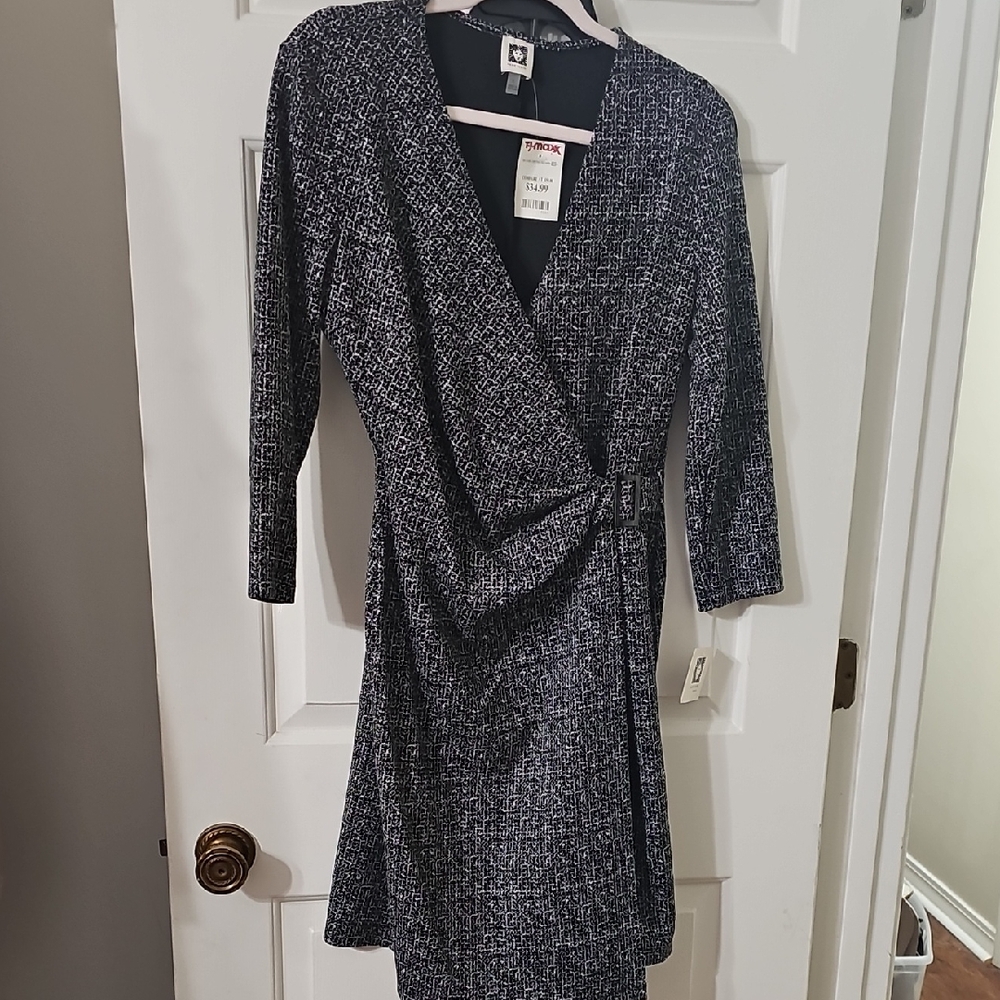 Anne Klein Faux Wrap Buckled Black and White Long Sleeve Dress